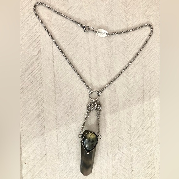 labradorite & Smokey crystal quartz maille stainless steel boho goth necklace - Picture 11 of 15